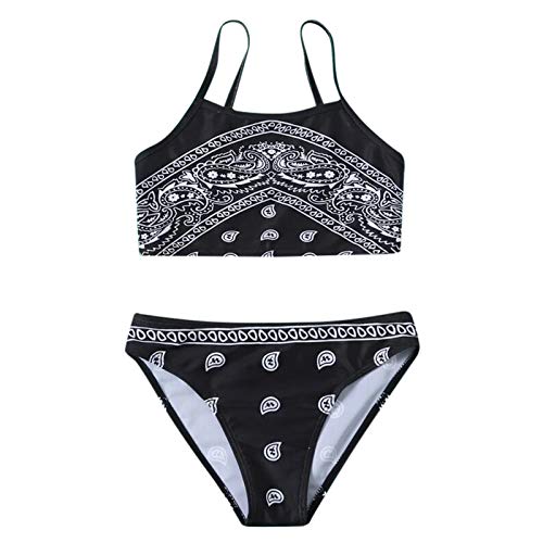 Bikini Mädchen Teenager mit Shorts Bikini Kinder Mädchen Zweiteiliger Badeanzüge Rüschen Bikinioberteil mit Triangel Bedruckte Bikinihose Mädchen Tankini Bikini Mädchen (ZA-Black, 9-10 Years) von Topgrowth Accessorio