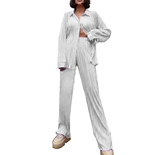 Damen 2 Stück Casual Outfits Rever Langarm Button Down Shirt Zweiteiler Damen Sommer Plissee Set Elegant Anzug Outfits Hosenanzug Bluse + Weites Bein Hose autumn Outfit Casual Loungewear (A-White, S) von Topgrowth Accessorio