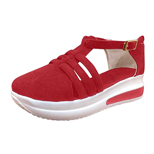 Sandalen Damen Sommer ElegantAushöhlen Keilabsatz Abendschuhe Einfarbig Plateau Sandalen Strandschuhe Frauen Kleid Schuhe Sommerschuhe Sneaker Damen Schuhe Damen Frühling (A02-Red, 38 EU) von Topgrowth Accessorio