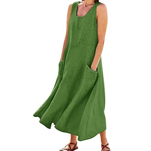 Sommerkleid Damen Ärmellose Leinenkleider Strandkleider Lässig Boho Langes Kleid mit Taschen Freizeitkleid Knielang Baumwolle Leinen Vintage Kleider Shirtkleid Kleider Große Größen von Topgrowth Accessorio