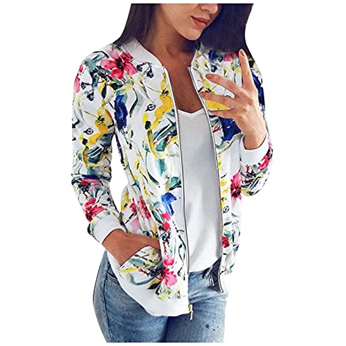 Topgrowth Accessorio Damen Bomberjacke Blumenmuster Langarm Jacket leichte Fliegerjacke Blouson Pilotenjacke Kurzjacke Damenjacke Outwear Kurz Coat autumn Frühling College Jacke (B-White, S) von Topgrowth Accessorio