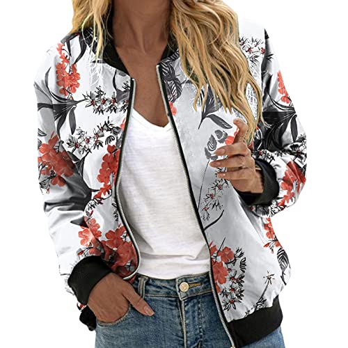 Topgrowth Accessorio Damen Bomberjacke Blumenmuster Langarm Jacket leichte Fliegerjacke Blouson Pilotenjacke Kurzjacke Damenjacke Outwear Kurz Coat autumn Frühling College Jacke (F-Red, XXL) von Topgrowth Accessorio