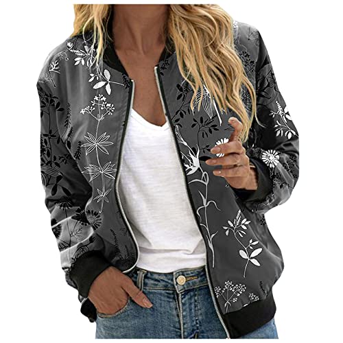 Topgrowth Accessorio Damen Bomberjacke Blumenmuster Langarm Jacket leichte Fliegerjacke Blouson Pilotenjacke Kurzjacke Damenjacke Outwear Kurz Coat autumn Frühling College Jacke (Z4-Grey, S) von Topgrowth Accessorio