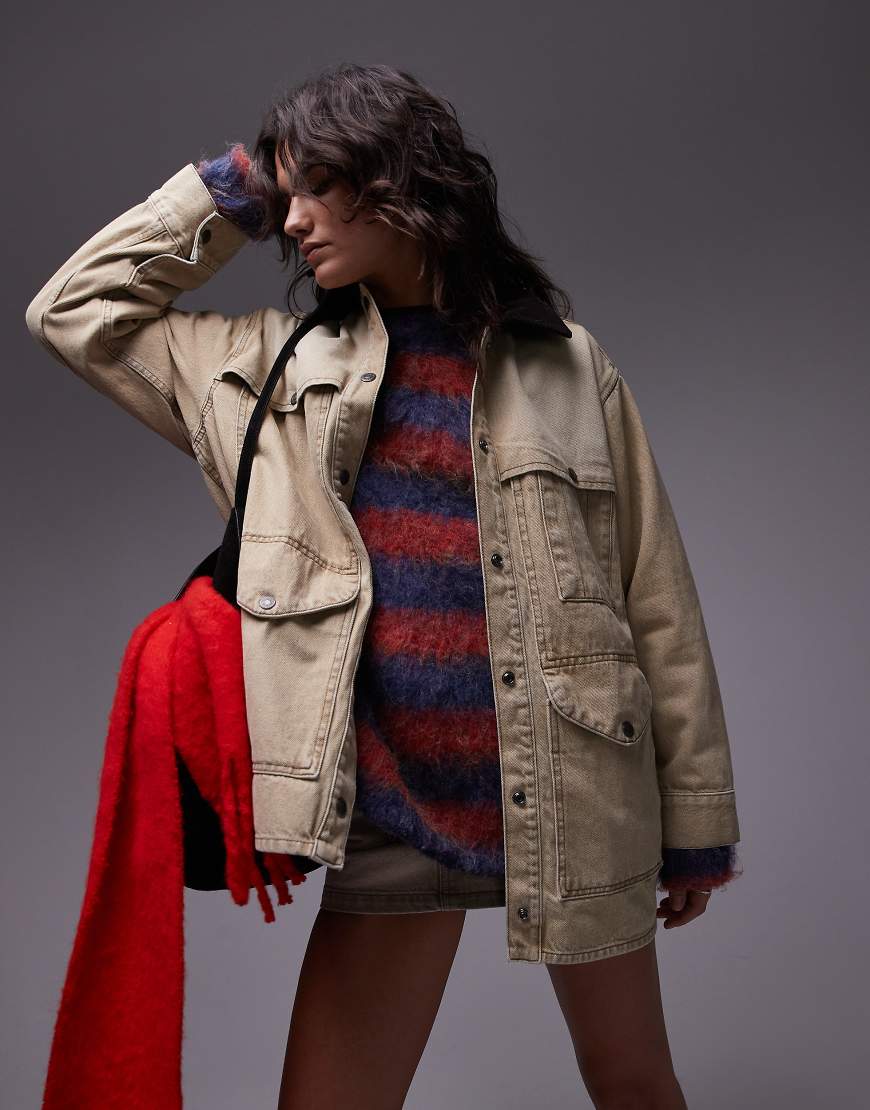 Topshop - Barn-Jacke in Beige aus Denim mit Cordkragen-Neutral Topshop - Barn-Jacke in Beige aus Denim mit Cordkragen-Neutral von Topshop