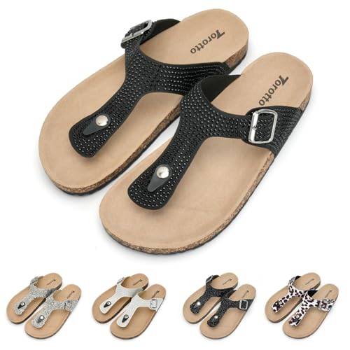 Torotto Damen Pantoletten Hausschuhe Sportliche Zehentrenner Kork-Fußbett Schlappen Mit Verstellbarer Rieme Sandalen Schwarz 39 von Torotto