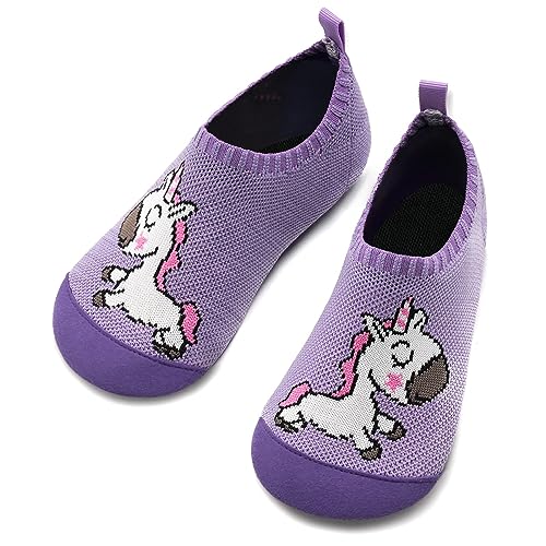 Torotto Kinder Hausschuhe Mädchen Junge Kleinkinder Schuhe Turnschläppchen Barfussschuhe für Lauflernschuhe Kindergarten Pantoffeln Unisex Atmungsaktive rutschfest Weich (Lila Einhorn 24/25EU) von Torotto