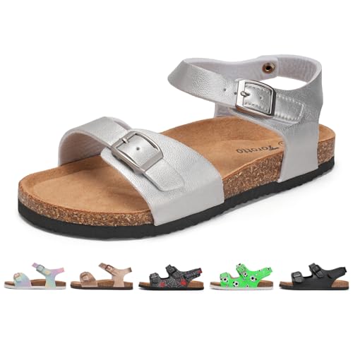 Torotto Sandalen Mädchen Jungen Mit Kork Sandals Kinder Pantoffeln Riemen Verstellbare Schnalle Rutschfeste Mit Klettverschluss Sandaletten für Drinnen und Draußen(Silber, 30EU) von Torotto