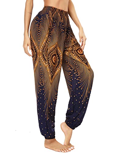 Totatuit Damen Hippie Hose Sommerhose Pumphose Haremshose Boho Freizeithose Gemustert Gesmockte Taille mit Taschen Yogahose PAT2 S von Totatuit