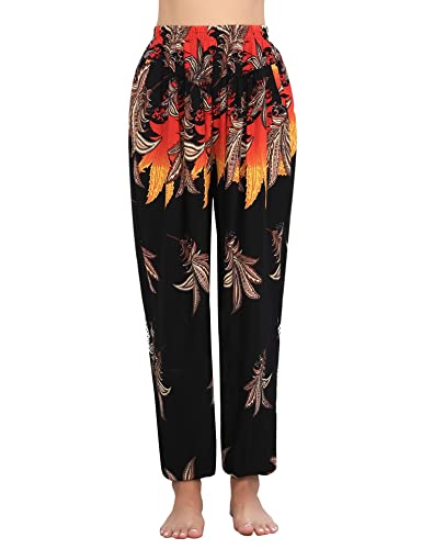 Totatuit Damen Hippie Hose Sommerhose Pumphose Haremshose Boho Freizeithose Gemustert Gesmockte Taille mit Taschen Yogahose PAT4 L von Totatuit