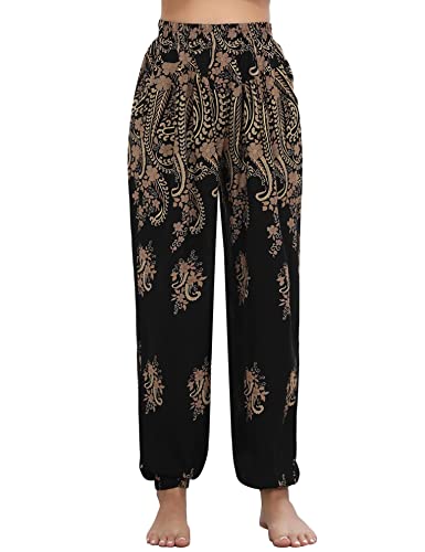 Totatuit Damen Hippie Hose Sommerhose Pumphose Haremshose Boho Freizeithose Gemustert Gesmockte Taille mit Taschen Yogahose PAT7 L von Totatuit