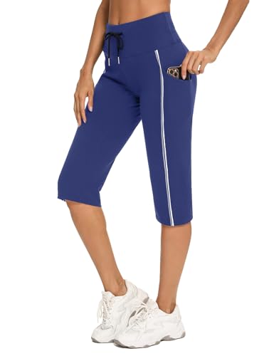 Totatuit Damen 3/4 Jogginghose Sommer Yoga Trainingshose Baumwolle Sporthose für Sport und Freizeit Fitness Activewear Leggings Sport & Outdoor Hosen mit Tasche königsblau M von Totatuit