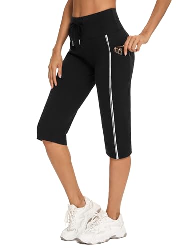 Totatuit Damen 3/4 Jogginghose Sommer Yoga Trainingshose Baumwolle Sporthose für Sport und Freizeit Fitness Activewear Leggings Sport & Outdoor Hosen mit Tasche Schwarz XL von Totatuit