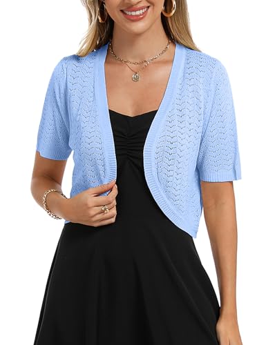 Totatuit Damen Bolero Festliche Kurze Elegante Strickjacke Baumwolle Leicht Kurzarm Sommerjacke für Party und Hochzeit Blau L von Totatuit