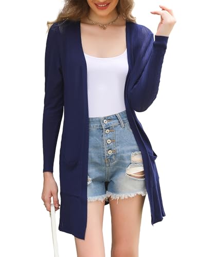 Totatuit Damen Leichte Offene Strickjacke Casual Langarm Lose Dünne Cardigan Dehnbar mit Taschen Marineblau S von Totatuit