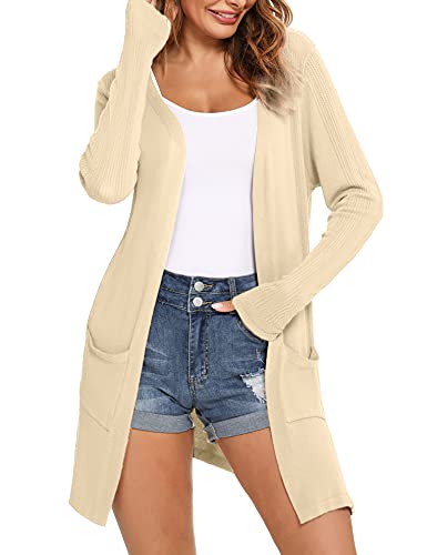 Totatuit Damen Leichte Offene Strickjacke Casual Langarm Lose Dünne Cardigan Dehnbar mit Taschen Aprikose XL von Totatuit