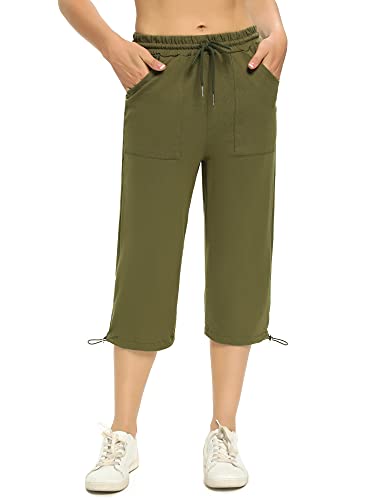 Totatuit Damen Sommer Caprihose Jogginghose 3/4 Baumwolle Sommerhose Yoga Fitness Activewear mit Tasche für Sport und Freizeit Armeegrün XXL von Totatuit