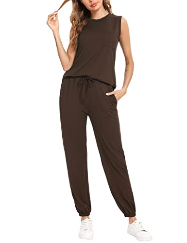 Totatuit Damen Tracksuit Rundhalsausschnitt Einfarbig Zweiteiler Hausanzug Loungewear Outfit Jogger Trainingsanzug Set braun M von Totatuit