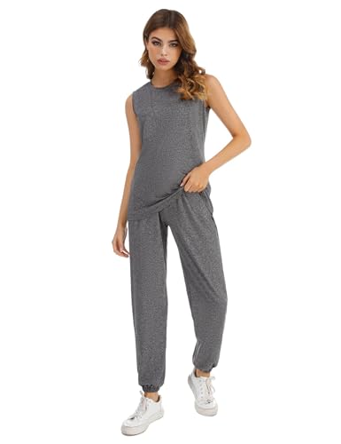 Totatuit Damen Tracksuit Rundhalsausschnitt Einfarbig Zweiteiler Hausanzug Loungewear Outfit Jogger Trainingsanzug Set grau M von Totatuit