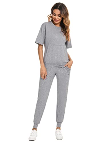 Totatuit Damen Tracksuit Rundhalsausschnitt Einfarbig Zweiteiler Hausanzug Loungewear Outfit Jogger Trainingsanzug Set grau XL von Totatuit