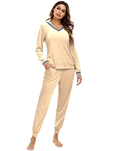 Totatuit Damen Velours Pyjama Set Nicki Hausanzug Winter Schlafanzug V-Ausschnitt Freizeitanzug Zweiteilig mit Tasche Aprikose XXL von Totatuit