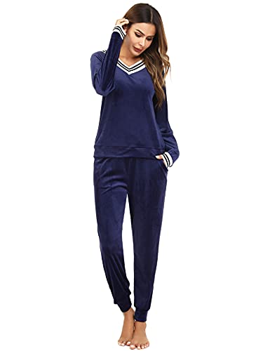 Totatuit Schlafanzug Damen Lang V-Ausschnitt Flauschig Warm Winter Fleece Pyjama Damen Hausanzug Kuschelig von Totatuit