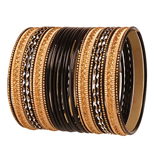 Touchstone „Bunte 2 Dutzend Armreif Kollektion“ Indische Bollywood Legierung Metall Texturierte Schwarz Goldene Designer Schmuck Armreif Armbänder Set von 24. In antikem Goldton für Frauen von Touchstone