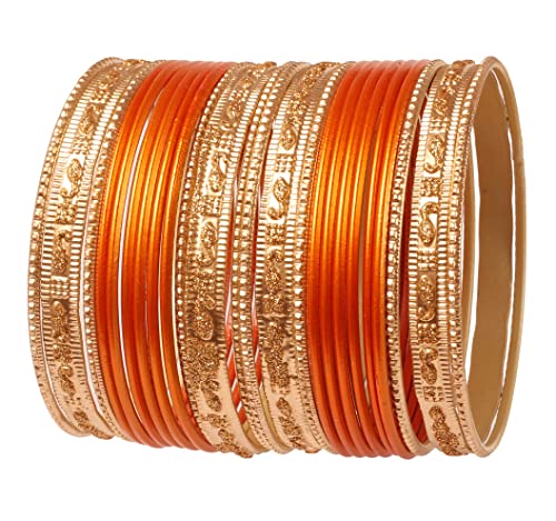 Touchstone Indische Bollywood „Colorful 2 Dozen Bangle Collection“ Golden Glitters texturiert Orange Farbe Designer-Schmuck spezielle Armreifen Armbänder Set von 24 in Gold Tone für Frauen. von Touchstone