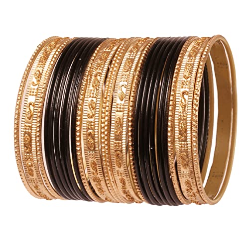 Touchstone Indische Bollywood „Colorful 2 Dozen Bangle Collection“ Golden Glitters texturierte Schwarze Farbe Designer-Schmuck spezielle Armreifen Armbänder Set von 24 in Gold-Ton für Frauen. von Touchstone