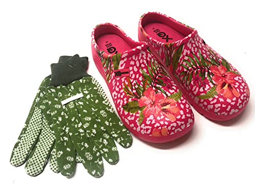 Trachten-Dirndl-More Damen Clogs & Pantoletten mit Gartenhandschuhen Verschiedene Designs Blumen Gemüse Gelb Rot Punkte Uni Blau und Rosa Multi Fuchsia Multi Navy (Fuchsia, Numeric_38) von Trachten-Dirndl-More