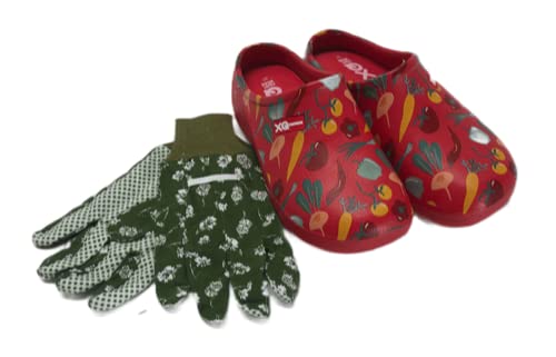 Trachten-Dirndl-More Damen Clogs & Pantoletten mit Gartenhandschuhen Verschiedene Designs Blumen Gemüse Gelb Rot Punkte Uni Blau und Rosa Multi Fuchsia Multi Navy (Rot, Numeric_37) von Trachten-Dirndl-More