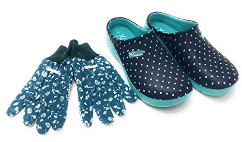 Trachten-Dirndl-More Damen Clogs & Pantoletten mit Gartenhandschuhen Verschiedene Designs Blumen Gemüse Gelb Rot Punkte Uni Blau und Rosa Multi Fuchsia Multi Navy (dunkelblau, Numeric_39) von Trachten-Dirndl-More