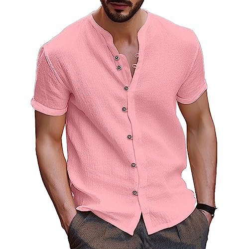 Leinenhemd Herren Kurzarm Sommerhemd Freizeithemd für Strand Casual Leinen Bluse Sommer Henley Shirt mit Stehkragen Knöpfen Baumwollmischung Cardigan Baumwollhemd Freizeithemden Casual Shirt von Trafagala