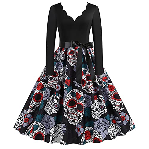 Trailrest Halloween Kleid Damen, Totenkopf Vintage Kostüm Mädchen 152 Geschenke für Frauen Coctailkleid/festliches Kleid Urlaubskleidung Damen Business Kostüm Damen von Trailrest