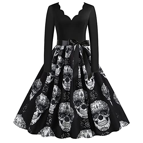 Trailrest Halloween Kostüm Damen Teufel, Totenkopf Printed Kostüm Mädchen Gothic Kleid Cocktailkleider Damen Festlich Hochzeit Halloween Schwanger Dress Abendkleide von Trailrest