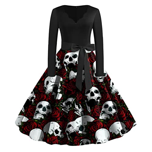 Trailrest Halloween Kostüme für Mädchen, Skelett Elegant Lange Ärmel Kostüm Mädchen Tunika Kleid Damen Cocktailkleid Halloween Kleid Damen Totenkopf Kleid Damen von Trailrest