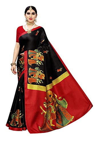 TreegoArt Fashion Bedruckter Kalamkari-Saree aus Kunstseide für Damen mit nicht genähtem Blusenteil -(RAJARANI BLACK) von TreegoArt Fashion