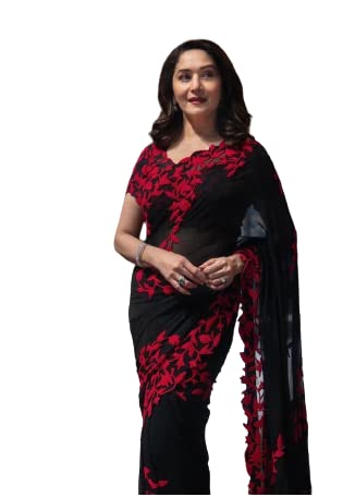 TreegoArt Fashion Bestickter Georgette-Party-Wear für Damen, indischer Saree mit ungesticktem Blusenteil -(Madhuri Dixit Black) von TreegoArt Fashion