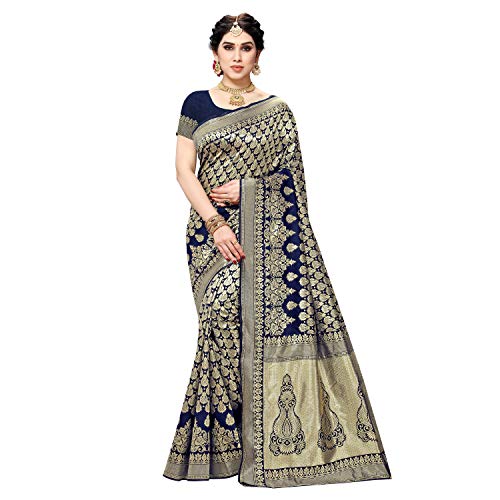 TreegoArt Fashion Damen Kanjivaram Jacquard Silk Saree Mit Unstitchead Bluse Stück - (Silk Ghanti Nevy) von TreegoArt Fashion