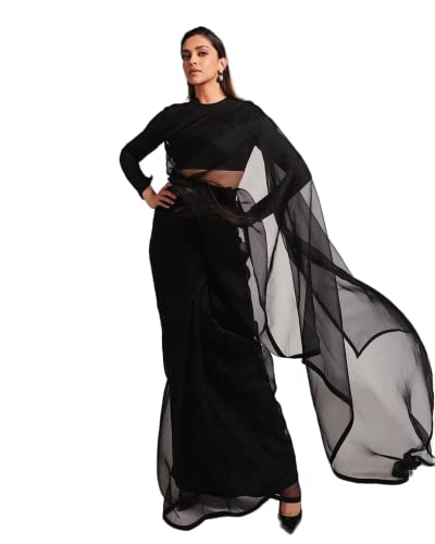 TreegoArt Fashion Damen-Organza, einfarbig, Partykleidung, Saree mit ungesticktem Blusenteil -(Organza Black) von TreegoArt Fashion