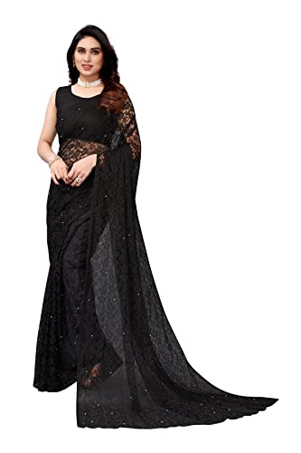 TreegoArt Fashion Damen-Partykleidung, florales Design, indische Saree-Perlen, Netz-Sari mit nicht genähtem Blusenstück -(ABIRA BLACK) von TreegoArt Fashion