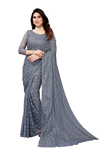 TreegoArt Fashion Damen-Partykleidung, florales Design, indische Saree-Perlen, Netz-Sari mit nicht genähtem Blusenstück -(ABIRA GREY) von TreegoArt Fashion