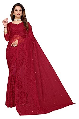 TreegoArt Fashion Damen-Partykleidung, florales Design, indische Saree-Perlen, Netz-Sari mit nicht genähtem Blusenstück -(ABIRA MAROON) von TreegoArt Fashion