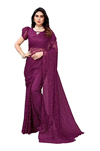 TreegoArt Fashion Damen-Partykleidung, florales Design, indische Saree-Perlen, Netz-Sari mit nicht genähtem Blusenstück -(ABIRA PURPLE) von TreegoArt Fashion