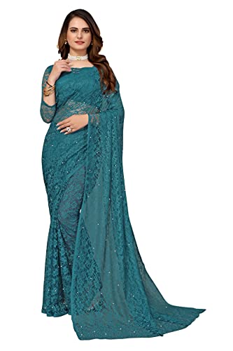 TreegoArt Fashion Damen-Partykleidung, florales Design, indische Saree-Perlen, Netz-Sari mit nicht genähtem Blusenstück -(ABIRA RAMA) von TreegoArt Fashion