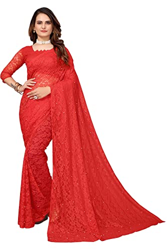 TreegoArt Fashion Damen-Partykleidung, florales Design, indische Saree-Perlen, Netz-Sari mit nicht genähtem Blusenstück -(ABIRA RED) von TreegoArt Fashion