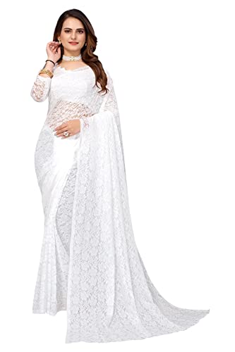 TreegoArt Fashion Damen-Partykleidung, florales Design, indische Saree-Perlen, Netz-Sari mit nicht genähtem Blusenstück -(ABIRA WHITE) von TreegoArt Fashion