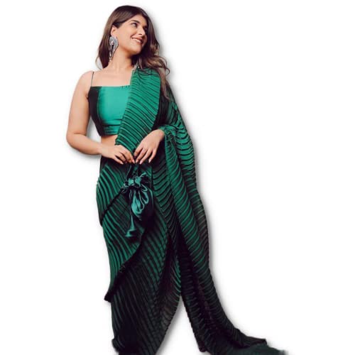 TreegoArt Fashion Damen Saree aus gecrashtem, plissiertem Satin mit ungenähtem Blusenteil -(Pleated Dark Green) von TreegoArt Fashion