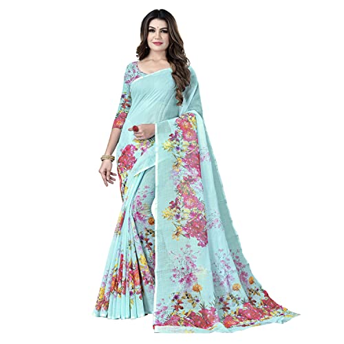 TreegoArt Fashion Damen Saree aus reinem Baumwoll-Leinen mit digitalem Blumendruck und ungesticktem Blusenteil -(Alia Light Blue) von TreegoArt Fashion