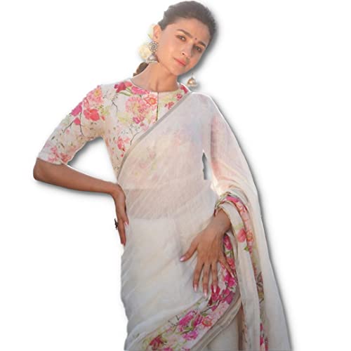 TreegoArt Fashion Damen Saree aus reinem Baumwoll-Leinen mit digitalem Blumendruck und ungesticktem Blusenteil -(Alia White) von TreegoArt Fashion