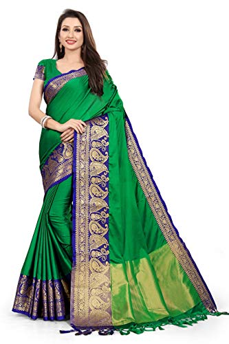 TreegoArt Fashion Ethnische indische Saree aus Baumwolle und Seide für Damen mit ungesticktem Blusenteil -(Richa-GreenBlue) von TreegoArt Fashion